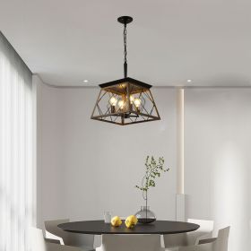 (Same as W1340111202/L1008) 16" Walnut Industrial 4-Light Pendant Chandelier, Modern Metal Cage Design, Adjustable Hanging Light for Dining Room