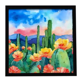 Arizona Saguaro Cactus Blossom in Watercolor Framed Metal Print Bathroom, Kitchen, Office, Home Decor Wall Art Ready to Hang, Square, 8X8